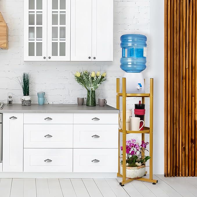 Water Dispenser Stand 5 Gallon Water Jug Stand Sturdy Water Stand(32.8" H-11.2" W) Water Jug Stand with 2 Round Shelfs for 1-5 Gallon Water Bottles/Crocks, Water Jug and Plant Stand (Gold)