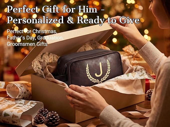 OXYEFEI Personalized Gifts for Men, Personalized Large Toiletry Bag for Men,Custom PU Leather Waterproof Mens Toiletry Travel with Initial Essential Dopp Kit Shaving Bag (N, Tea Brown)