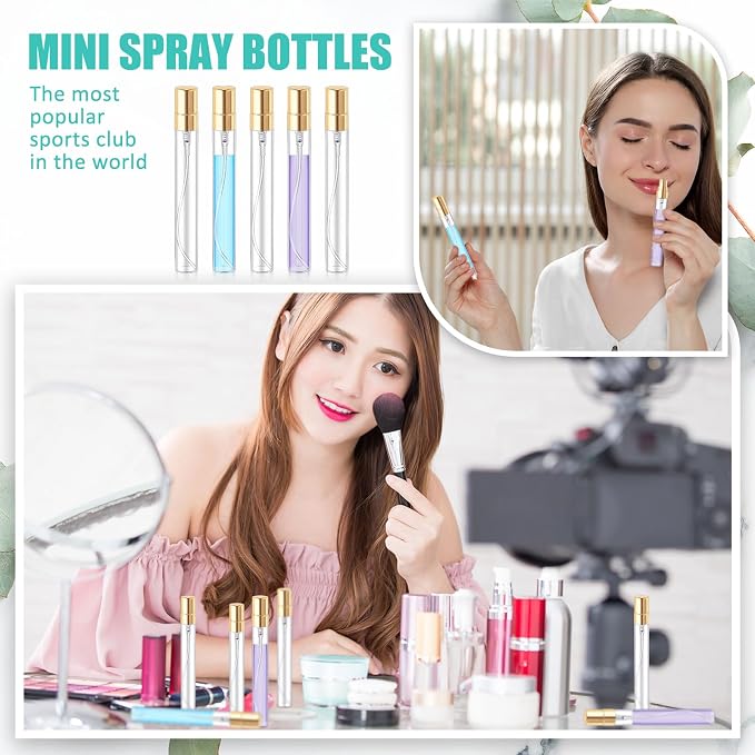 Zhehao 1 Pcs Mini Spray Bottles Clear Glass Perfume Bottles Refillable Fine Mist Perfume Atomizer Portable Empty Sample Containers for Cleaning, Essential Oils, Travel (Gold Cap,10 ml)