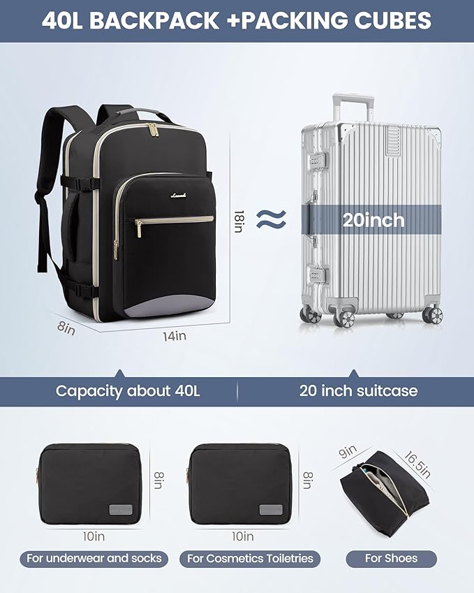 LOVEVOOK 40L Travel Backpack Flight Approved Carry on Backpack,3 Packing Cubes,Waterproof Personal Item Travel Bag,TSA Carry on Luggage Suitcase Travel Essentials,Gifts for Women & Men,fits 17" Laptop