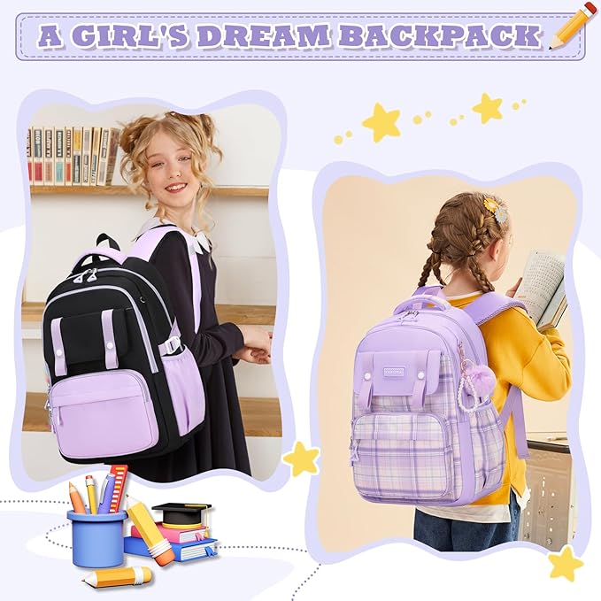 MUSEVOS Girls Backpack, Ideal School Backpack for Girls from Elementary to Teen Years, Kawaii Bookbag Cute Large Capacity (BLACK&PURPLE)