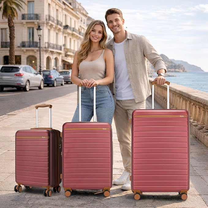 Kono Expandable 20 Inch Carry On Suitcase Airline Approved, Lightweight ABS+PC Hardshell Luggage with 360° Silent Spinner Wheels, Burgundy/Brown