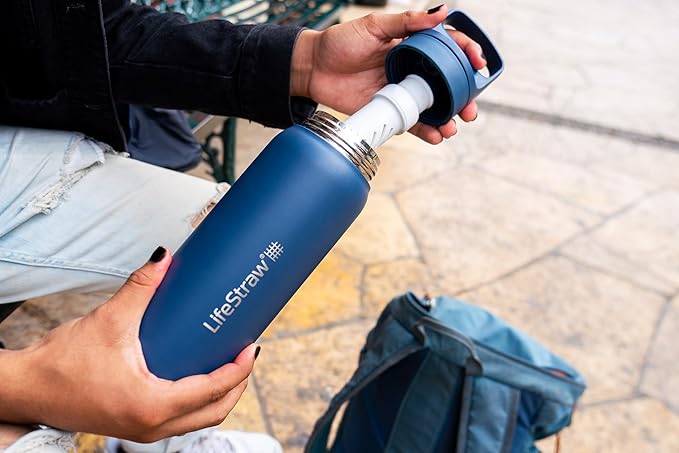 LifeStraw Go Series — Insulated Stainless Steel Water Filter Bottle for Travel and Everyday Use Removes Bacteria, Parasites and Microplastics, Improves Taste, 24 oz, Aegan Sea