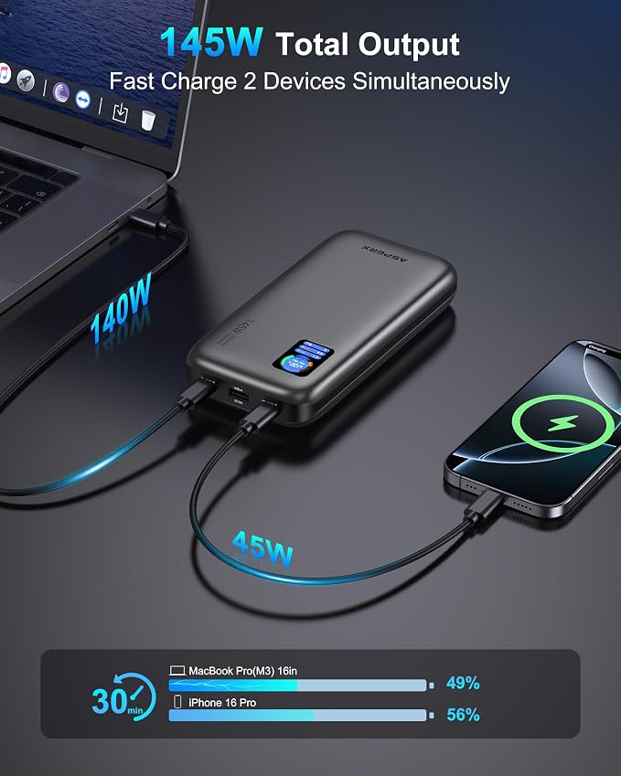 AsperX Laptop Power Bank, 25,000mAh(5S1P) 140W PD 3.1 Fast Charging Portable Charger, TFT Smart Display USB C Battery Pack(92.5Wh) for MacBook/iPhone 17/Dell XPS/Galaxy S25/ipad/HP (Flight-Approved)