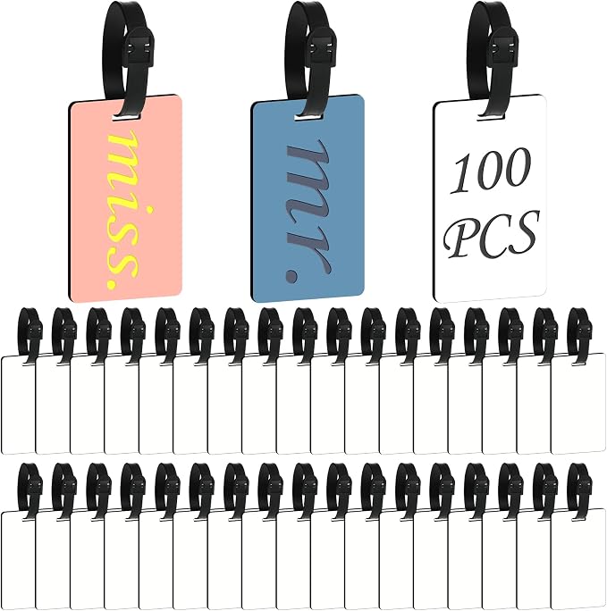Frienda Sublimation Luggage Tag Blanks White Blank Travel Bag Tags Bulk with Strap Double Sided MDF Suitcase Labels with Slots for Easy Identification