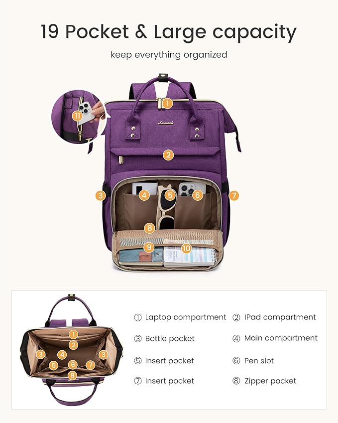 LOVEVOOK Laptop Backpack for Women with Giant Tumbler Holder Pocket,17 inch Waterproof Travel Backpack Purse Computer Laptop Bag,Professional Work College Nurse Teacher Backpack Daypack,Dark Purple