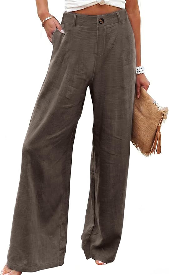 Hooever Womens Cotton Linen Pants Casual Button Up High Waisted Wide Leg Trousers