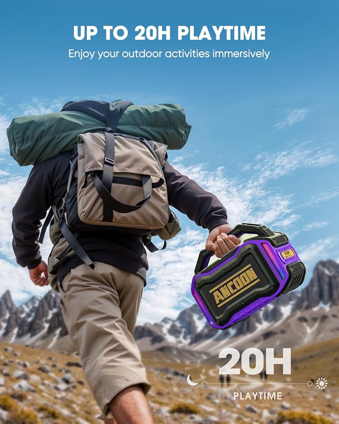 ANCOON Speakers Bluetooth Wireless: 80W(Peak) Loud Speaker with Bass, 20H Playtime, IPX6 Waterproof, Large Jobsite Speakers for Work, Outdoor, Workshop, Garage, Portable Speaker with TWS (Purple)