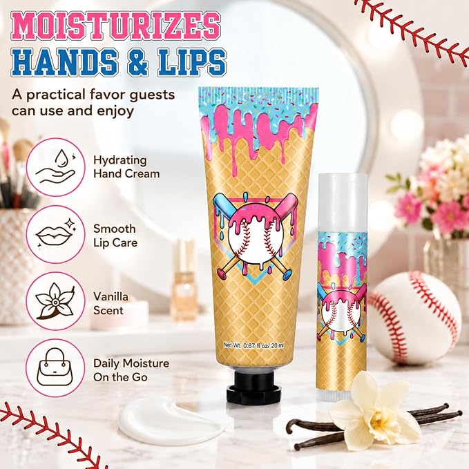 30 Sets Baseball Drip Party Favors Ice Cream Drip Baseball Hand Cream and Lip Balm Bulk with Organza Bag Thank You Tag for Teen Adults Sport Party Favor Team Birthday Gifts