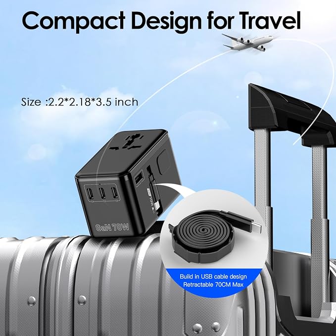 JMFONE 70W GaN Universal Travel Adapter, Retractable USB-C Cable + 4 USB-Port + 2500W AC Outlet, International Power Adapter with US EU UK AUS Plugs for 200+ Countries, Fast Charging Laptops Phones