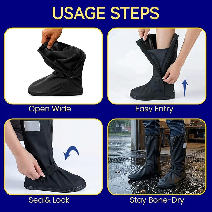 3Pair Reusable Waterproof Shoe Covers for Rain, Reflector Non-Slip Galoshes Overshoes for Women and Men, Double-Row Waterproof Zipper for Mud, Cycling and Outdoor Travel (Black, X-Large)