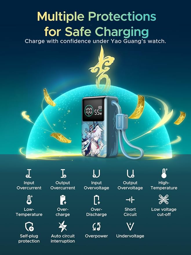 UGREEN x Honkai: Star Rail Edition 10000mAh Power Bank, 55W Portable Charger with Built-in USB-C Cable, 45W Fast Recharge, 3-Port Battery Pack for MacBook Air, iPhone 17, Steam Deck