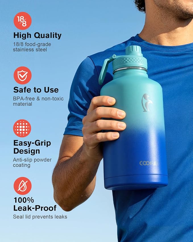 Insulated Water Bottle 64 oz with Straw & 3 Lids, Coolflask Half Gallon Water Jug Large Metal Stainless Steel Wide Mouth for Sports, Gym or Office, Non-BPA Keep Cold 48H Hot 24H, Pacific Prince
