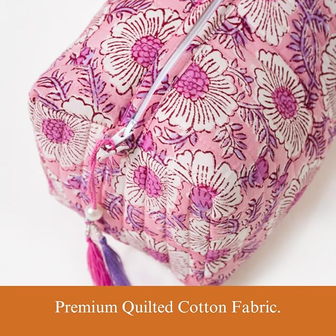 Saffron Marigold Quilted Makeup Bag Set of 3, Hand Block Printed Cotton Cosmetic Bags for Women, Waterproof Lined Travel Toiletry Bag, Coquette Floral Aesthetic, Handmade Gift, Lavendar & Rose Milk