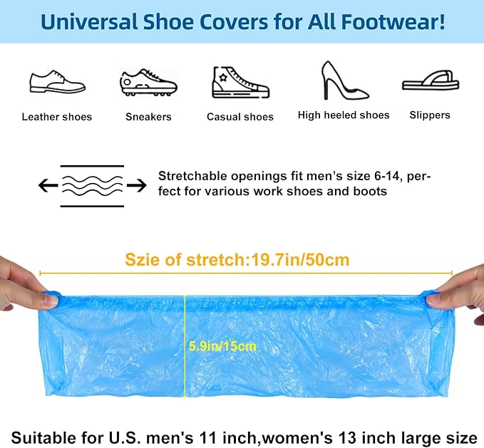 LYSHIYI 200 Pcs Shoe Covers Disposable Non Slip, Waterproof Shoe Covers Disposable for Indoors, 15-20'' Adjustable Size Boot Covers for US 6 to 14 Size