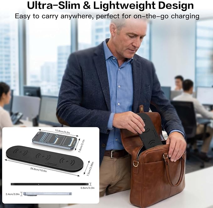 ZealSound 3-in-1 Wireless Charging Pad, Fast Charger Mat with 36W Adapter for iPhone 17/16/15, Samsung Galaxy, Pixel, AirPods & Galaxy Buds, Ultra Slim Case Friendly PU Leather for Home Office Travel
