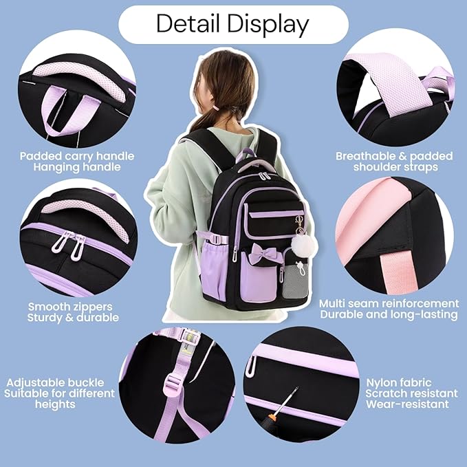 School Backpack with Wheels for Girls Wheeled Bookbags Kids Rolling Backpack for Girls Trolley School Bag, Black Purple 2 Wheels