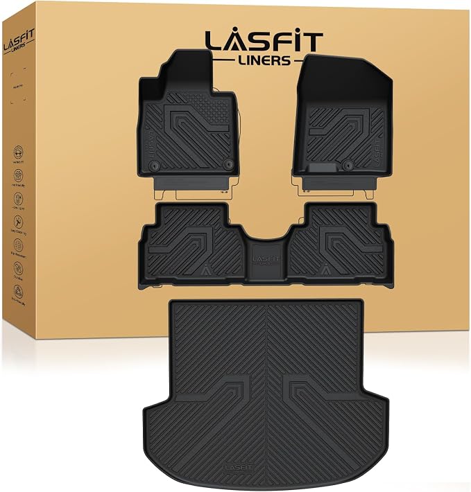 LASFIT Floor Mats & Cargo Mats Fits for Hyundai Santa Fe 2020 2019 (Not fit 2019 Santa Fe XL) All Weather TPE Custom Fit Floor Liners Car Mats & Trunk Mats Accessories, Black