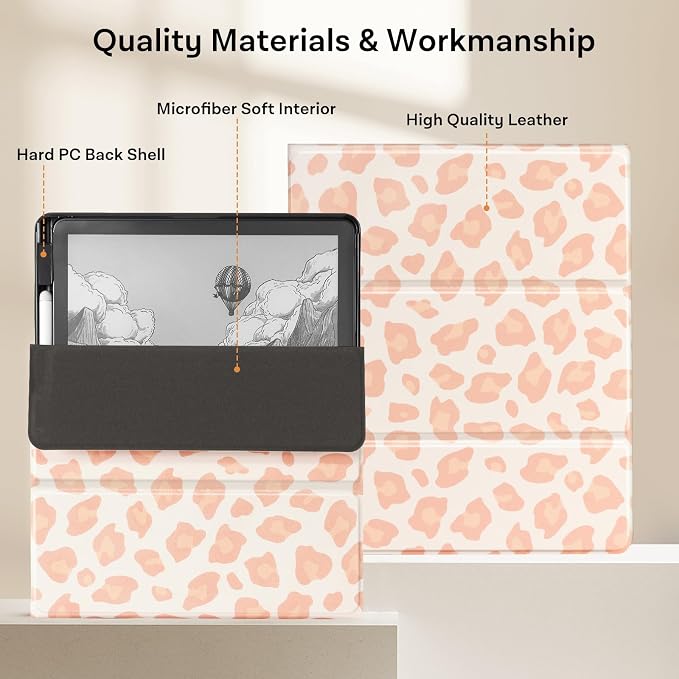 CoBak Case for 11" Kindle Scribe 3rd Generation 2025, Kindle Scribe Colorsoft with Two Viewing Angles - All New PU Leather Cover with Auto Sleep Wake, Pen Holder. Pink Leopard