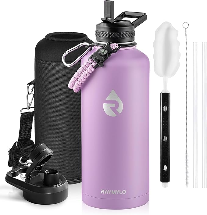 RAYMYLO Insulated Water Bottle 87 oz, Triple Wall Vacuum Stainless Steel (Cold for 48 Hrs), Leak Proof & Non-BPA, Modern Water Flask Jug with Paracord Handle & Straw Spout Lids, Light Purple