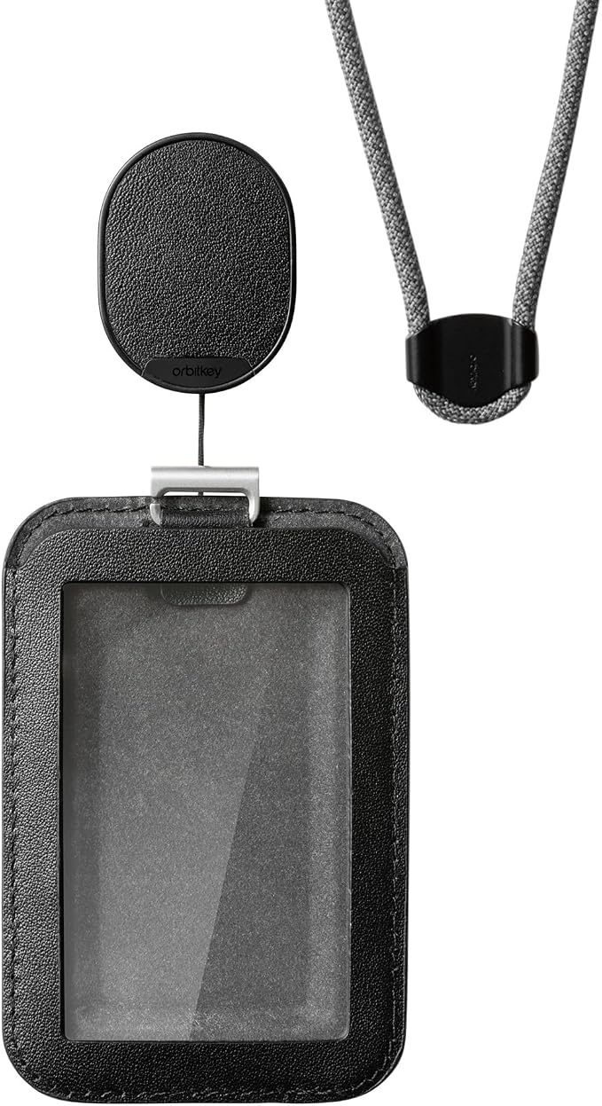 Orbitkey ID Card Holder Pro | Made with LWG-Certified Top Grain Leather and Durable Dyneema Cord | Holds 1 Access Card & 2 RFID Cards | Interchangeable Orientation | (with Lanyard, Black)