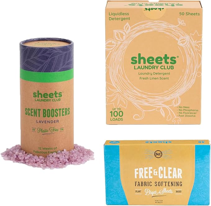Sheets Laundry Club Bundle - 4 Pack Fresh Linen Detergent Sheets, 3 Pack Free & Clear Dryer Sheets & 4 Pack Lavender Scent Booster - New Liquidless Technology