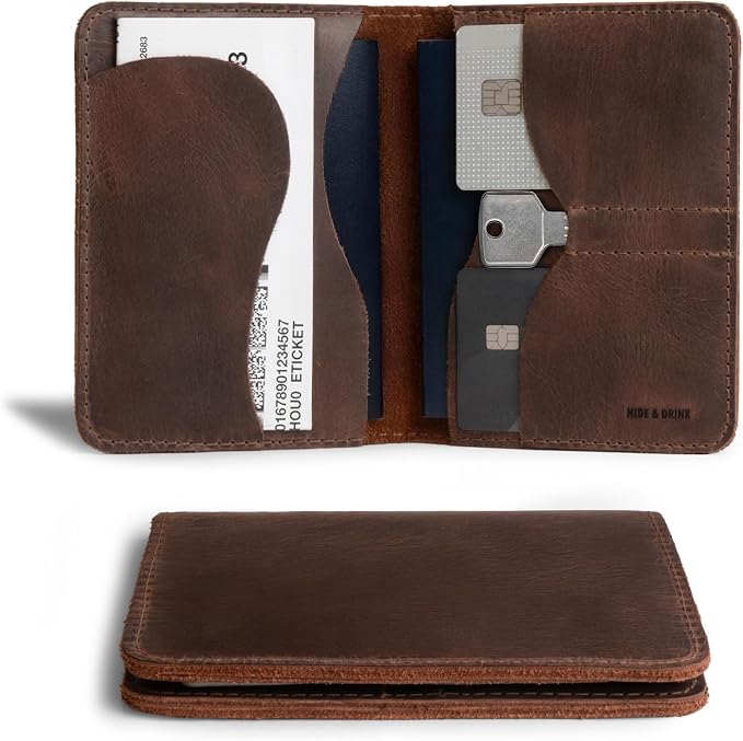 Hide & Drink, Double Passport Cover with Slots for Bills and Keys, Rustic Case, ID Organizer, Full Grain Leather, Handmade Accessories, Bourbon Brown