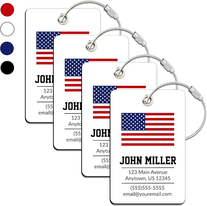 Personalized Luggage Tag with American Flag | 4 Pack | Custom Luggage Tags for Suitcases | Kids Backpack Tag | 4 Color Options & Choose Font, Font Color
