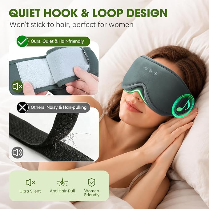Bamboo Cotton Large Sleep Mask with Bluetooth Wireless Headphones - Blackout Eye Mask for Sleeping 3D Contoured Sleep Eye Cover Headband Ear Plugs Low Noise Hook for Men Women Better Experience (Grey)