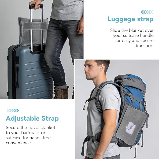 SINLAND Travel Pillow and Blanket 2-in-1 Set,Airplane Packable Bag,Soft and Lightweight Plane Flight Car Trips Travel Essentials Gift,Hand Luggage Sleeve and Backpack Clip,60x52 Inch Grey
