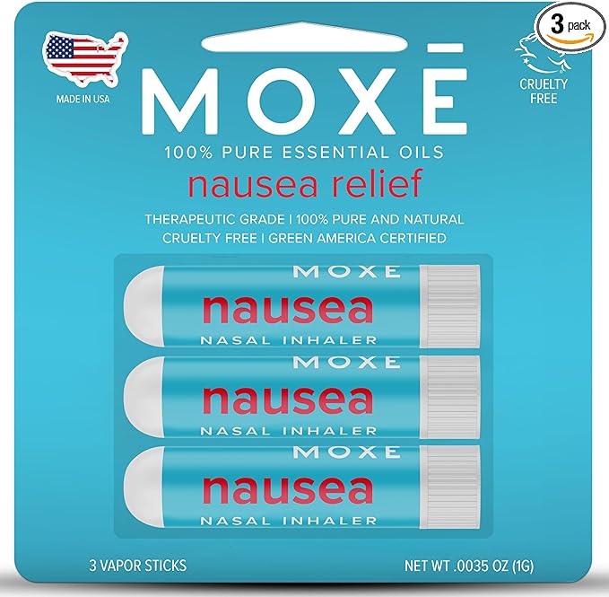 MOXE Nausea Nasal Inhaler Sticks, All Natural Essential Oil Blend, Ginger, Cardamom, Peppermint, Sweet Orange, Upset Stomach, Headaches, Easy-to-Use Portable Aromatherapy, Made in USA, 3 Pack