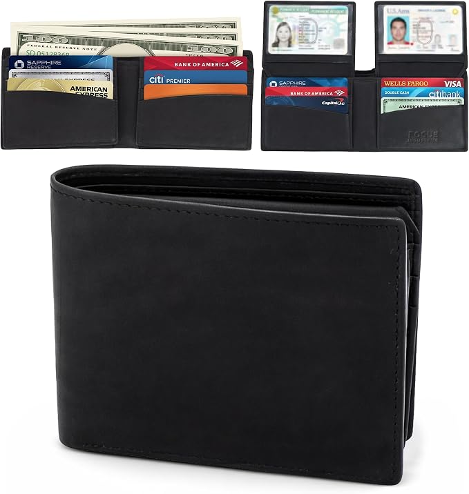 ROGUE WALLET Mens Leather RFID Blocking Wallet for Men - Genuine Top Grain Cow Leather Bifold, 12 Credit Card Slots, 2 ID Windows, Traditional Hip Pocket Billfold - Secure RFID Protection (Black)
