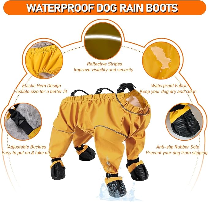 Waterproof Dog Boots Rain Boots with Suspender, Dogs Shoes Paw Protector for Small Medium Puppy, Anti-Slip Doggy Boot Belly Protector, Rain Booties Snow Booties (X-Large, multicolorc)