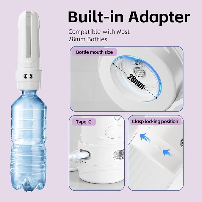 Electric Portable Bidet for Travel, Rechargeable for Women Postpartum, Period & Hygiene | 3 Pressure Modes, 260 Uses/Charge, IPX7 Waterproof, Foldable & Compact, Standard Bottle Fit, USB-C Charging, White