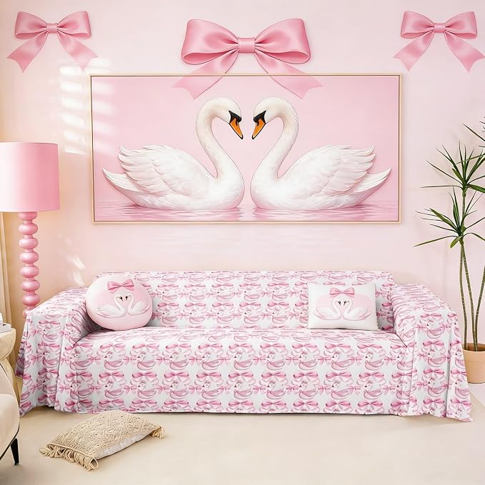 Pink Bow Sofa Cover Couch Cover for Dogs Kawaii White Swan Waterproof Furniture Protector for Pets Cute Ribbon Bowknot Dreamy Princess Style Bow Tie Couch Cover for 3 Cushion Couch,71" x 150"