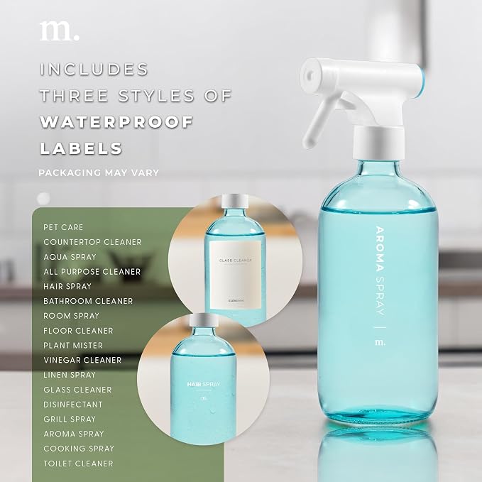 MAISONOVO Blue Glass Spray Bottles 16 Oz Pack of 2 - Blue Spray Bottle for Plants with Fortified Glass & Fine Mist - Ideal for Plant Care, Gardening, Misting, Seedlings & Indoor Plants - 16 Labels