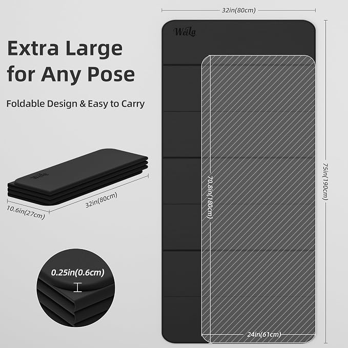 Foldable Yoga Excercise Mat 71"L x 24"W, Odourless Light Weight POE Mat For Home Fitness and Gym Workouts, 1/4 inch Non-slip design for All Types of Yoga Pilates