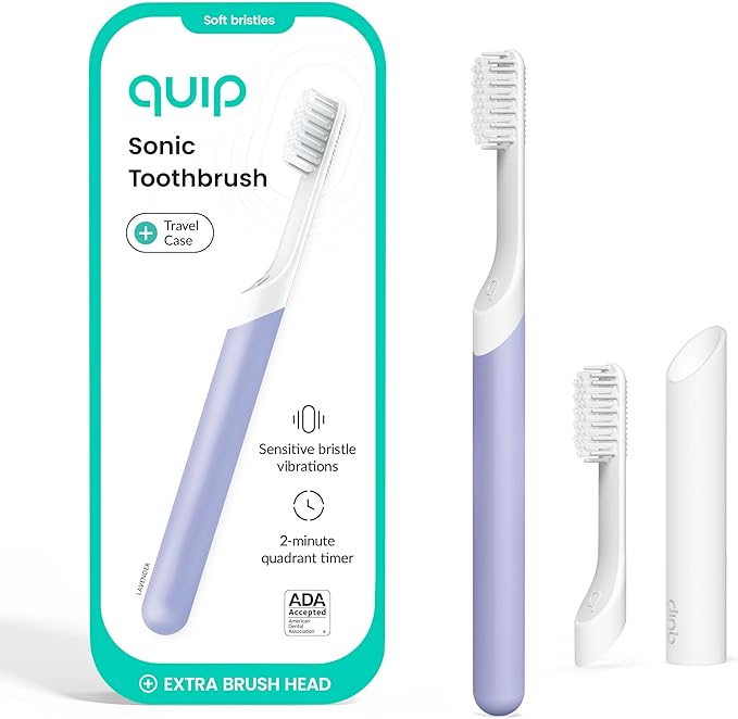 Quip Sonic Electric Toothbrush for Adults with Timer - Includes Travel Case & Replacement Brush Head - 3 Month Battery Life, Plastic Handle - Lavender