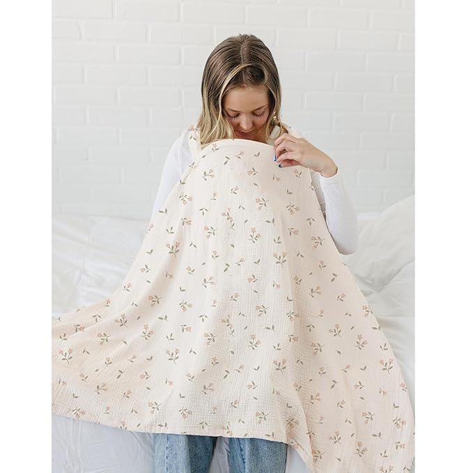 MairMore Muslin Nursing Covers for Breastfeeding, Privacy Breast Feeding Cover with Arch Neckline for Mom and Baby, Breathable 100% Cotton Nursing Apron Multi-use Stroller Cover (Pink Blossom)
