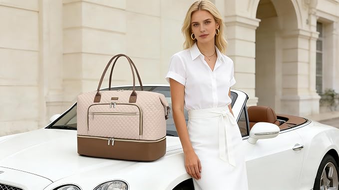 Weekender Bags for Women Travel, Under Seat Carry On Bags for Airplanes Overnight Bag with Shoe Compartment Luggage Sleeve, Foldie Travel Tote Bag Hospital Bag, Travel Gifts, Nude Brown
