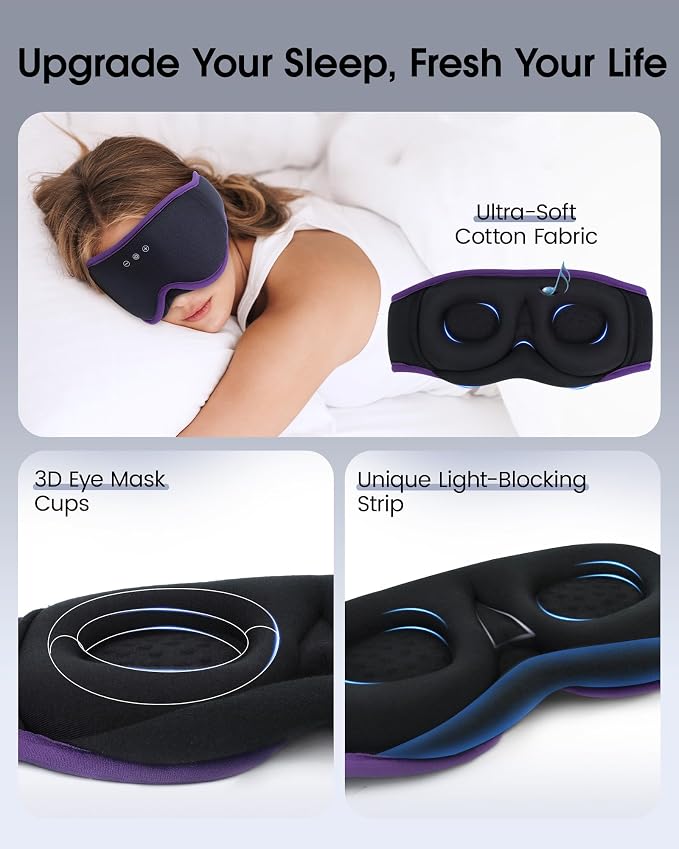 MUSICOZY Sleep Mask with Bluetooth Headphones, 3D Wireless Sleeping Eye Masks, Bluetooth Eye Masks 14-Hour Playtime, Ultra-Soft Breathable, Perfect for Side Sleepers, Women Men(Royal Purple)