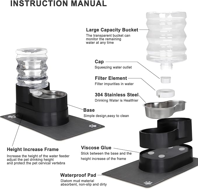 RIZZARI 5L Filtered Pet Water Dispenser with Elevated Design | Elevated Drinking Position,Gravity Water Flow,Odor Reduction Filter,Durable Construction,Stable Base,Ideal for Indoor Spaces