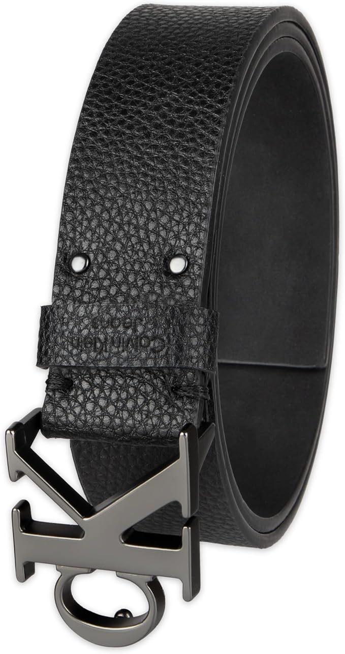 Calvin Klein Men’s CK Monogram Cut Out Buckle Belt – Casual Belt for Jeans & Everyday Wear