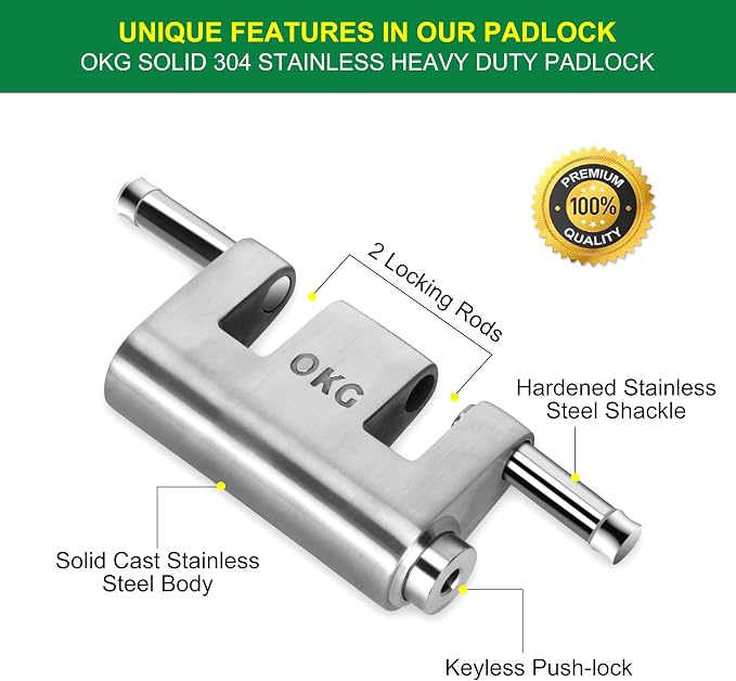 OKG Ultra Secure Stainless Steel Lock - Heavy Duty Solid Cast Padlock - 3 Keys, 2 Rods, 7/16" Shackle, Push Cylinder, Rust Proof Outdoor Lock - Combo Security Chain for 2-Wheeled Vehicle (No Chain)