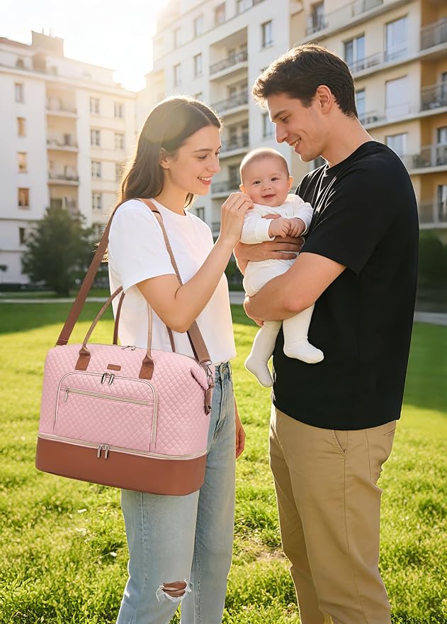 Weekender Bags for Women Travel, Under Seat Carry On Bags for Airplanes Overnight Bag with Shoe Compartment Luggage Sleeve, Foldie Travel Tote Bag Hospital Bag, Travel Gifts, Pink Brown