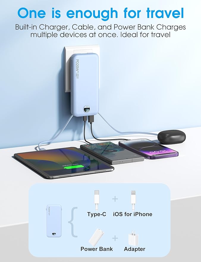 citicr Portable Charger 10000mAh PD20W w/Built-in Cables & Wall Plug Blue | Fast charging, Built-in wall plug, LED display, Charge 5 devices at once, Pass through charging, TSA approved, Pocket size