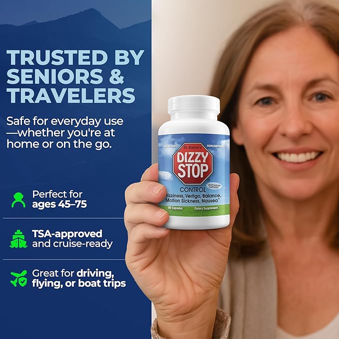 Dizzy Stop Dr. Barton's Vertigo Relief Products with Ginger and Grape Seed - Non-Drowsy Motion Sickness Pills for Dizziness Relief and Inner Ear Balance - (80 Count – Pack of 2)