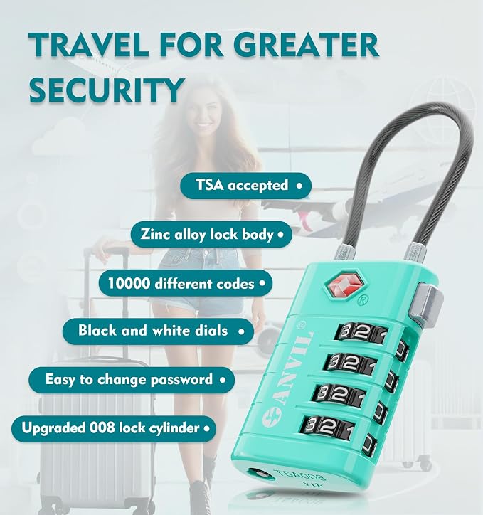 ANVIL TSA Approved Luggage Locks with Search Alert Indicator, 4-Digit Combination Suitcase Lock, Advanced TSA008 Core Heavy Duty Anti-Theft Travel Lock for Double Zippers, Backpacks