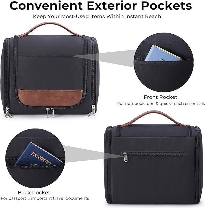 Ralnitote Large Hanging Toiletry Bag for Men, Travel Bathroom Bag with Hook, Hygiene Bag Organizer for Shower, Shaving & Grooming Essentials, Black