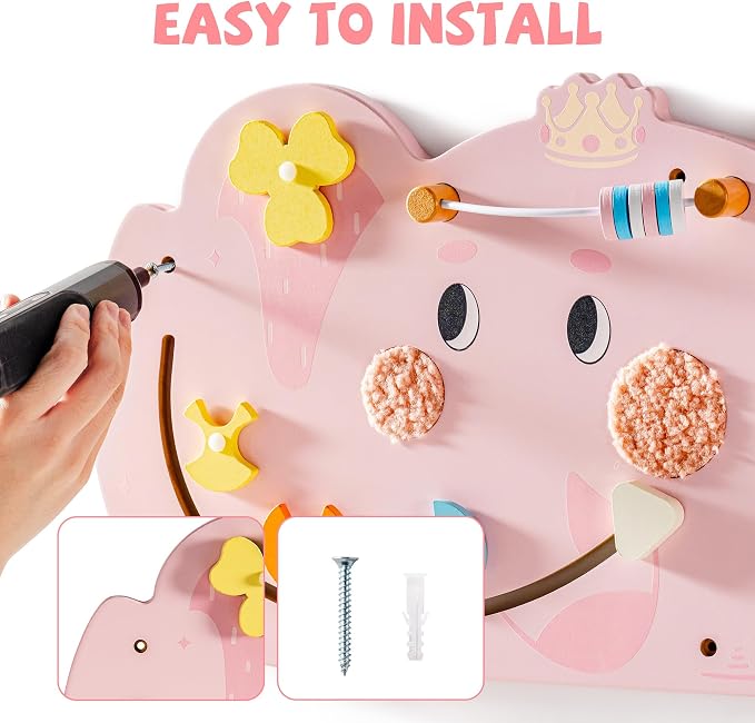 ROBUD Elephant Montessori Busy Board, 12-in-1 Activity Wall Busy Board, Montessori Sensory Wall Panel for Boys & Girls, Toddler Learning Activity Center for Playroom, Nursery, Pink